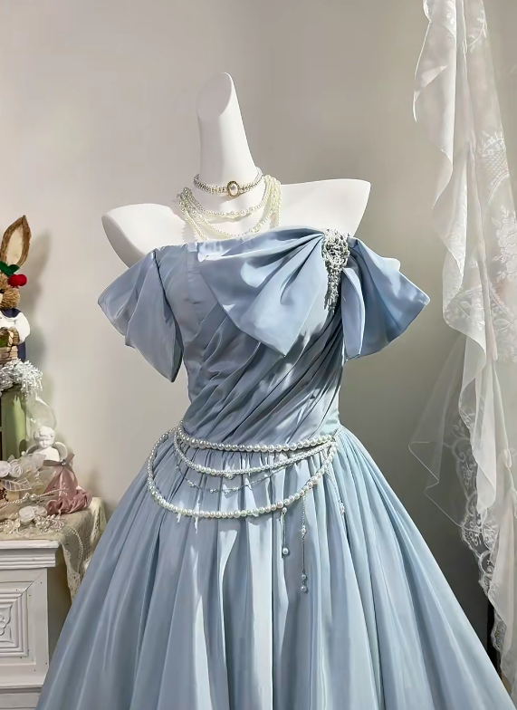 Dusty Blue Satin Off Shoulder Long Evening Gown, Puff Sleeve With Big Bow A-Line Prom Dress gh9282