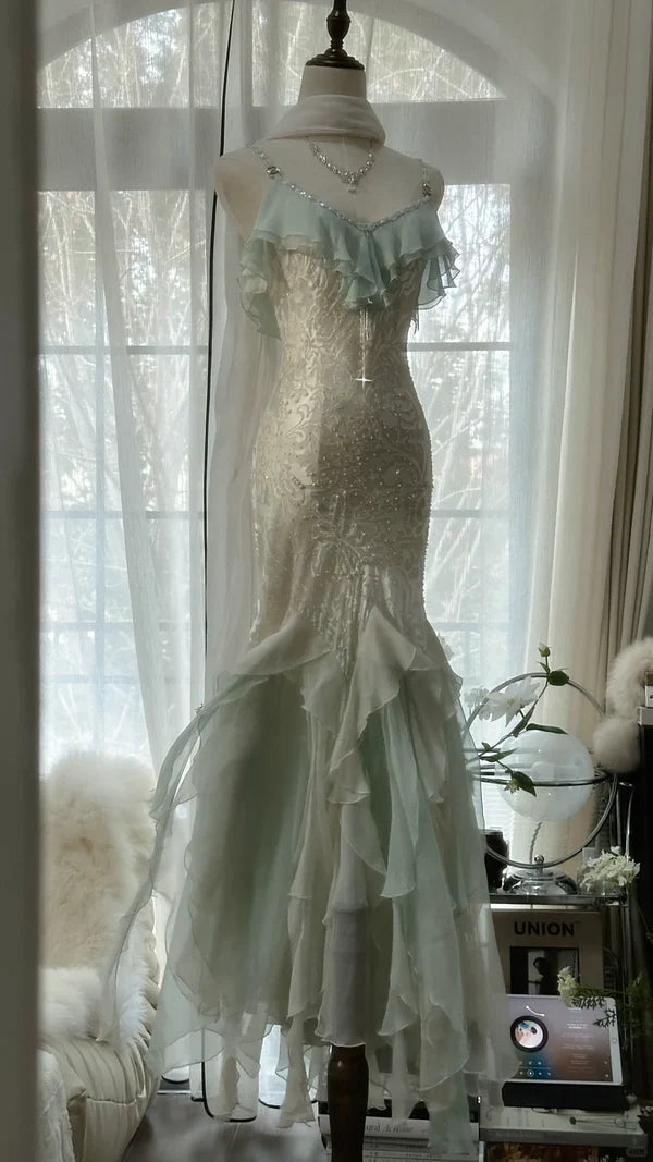 Green white gorgeous beautiful charming spaghetti straps beaded ruffles mermaid long slim lace tulle ball gown fashion evening dress party dress prom dress gh3617a