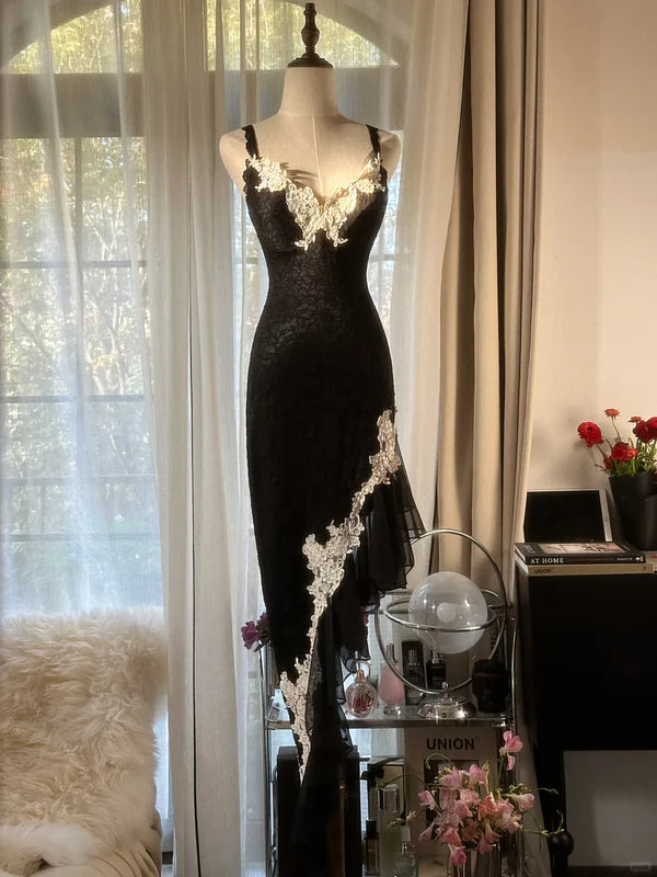 Robe de soirée noire rétro sexy à bretelles spaghetti, dentelle exquise, longue, moulante, coupe slim, élégante, gh3618
