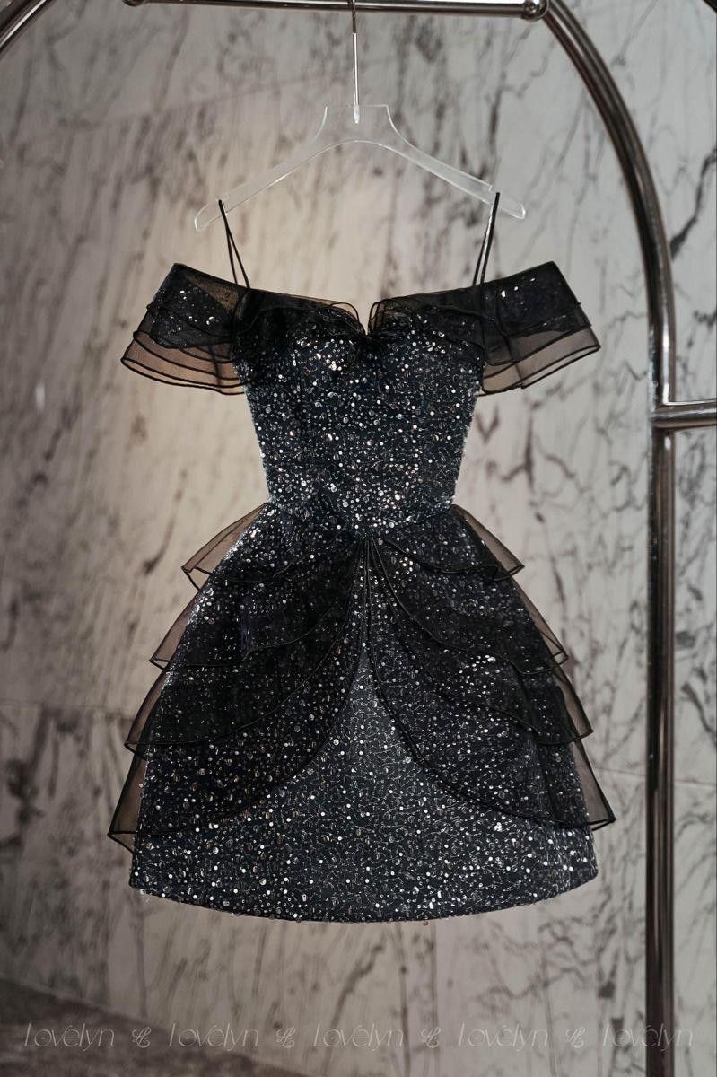 Robe de bal courte en tulle noir brillant à paillettes, robe de soirée, robe d'anniversaire gh4928