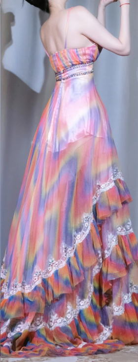 ✨Girlhomeshops-Rainbow Tiered Ruffle Tulle Prom Dress, Deep V Beaded Evening Gown gh9920