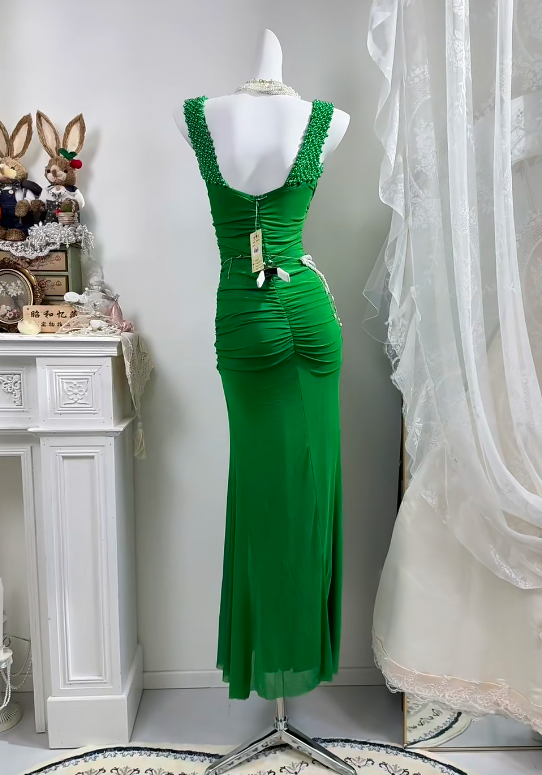 Green Cowl Neck Mermaid Long Evening Gown, Beaded Strap Ruched Formal Prom Dress gh9283