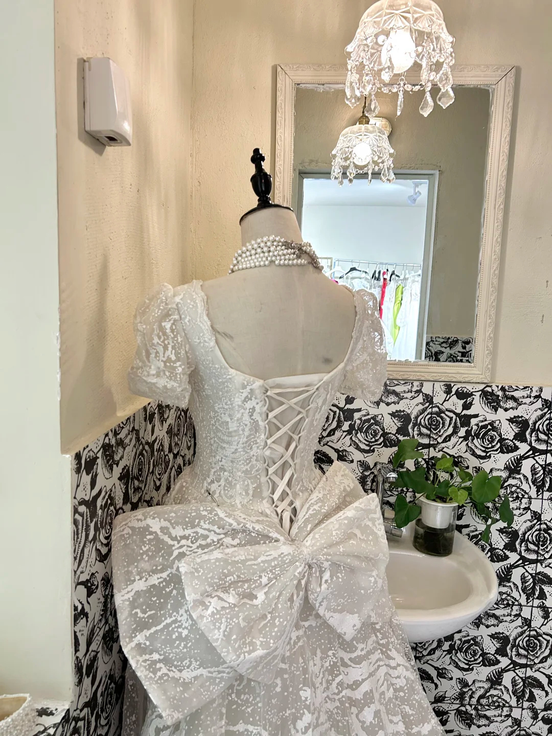 Ivory Square Neck Waist-Cinched Printed Voluminous Skirt Romantic Dress, Wedding Gown gh7663