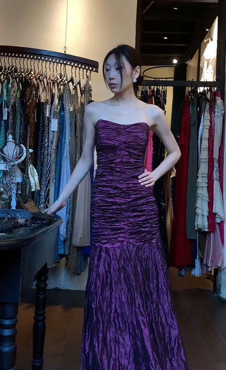 Strapless Dark Purple Evening Gown Full Ruched Bodice Mermaid Long Prom Dress gh9692