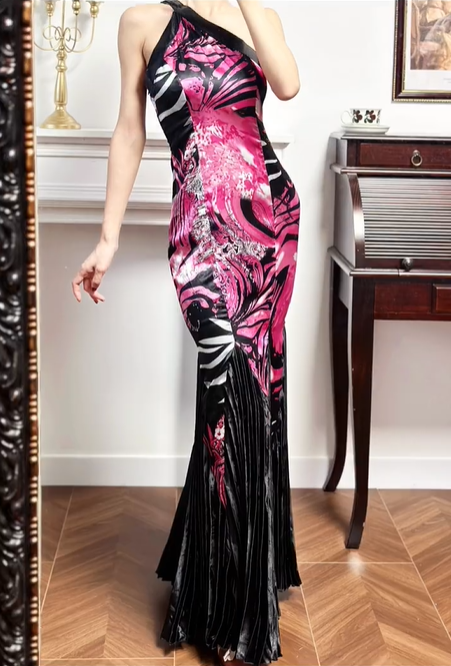Black‑Pink Contrast Vintage Halter One‑Shoulder Prom Gown, Abstract Floral Print Satin Fitted Mermaid Bodice, Large Black Pleated Mermaid Skirt, Draped Floor‑Length Silhouette, Sexy Evening Prom Dress gh8791