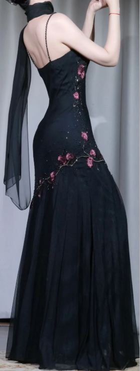 ✨Girlhomeshops-Black Floral Beaded Mermaid Prom Dress, Cowl Neck Spaghetti Straps Gown gh9918