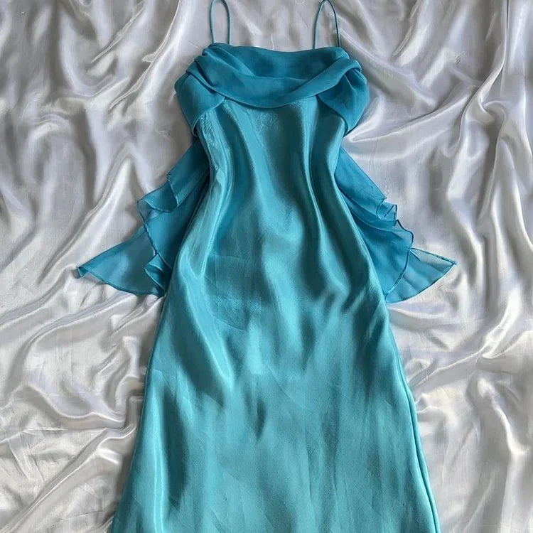 Robe de soirée élégante en mousseline de soie à bretelles spaghetti bleues, longue, élégante, robe de bal, robe de soirée, gh3491