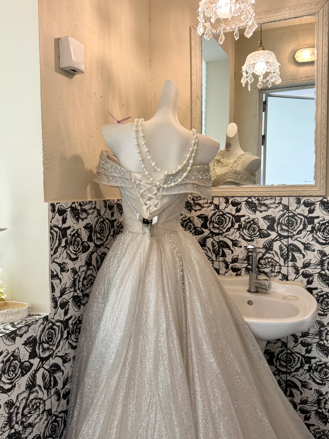 Light Champagne Off-the-Shoulder Waist-Cinched Full Flared Long Vintage Romantic Dress, Wedding Gown gh7591