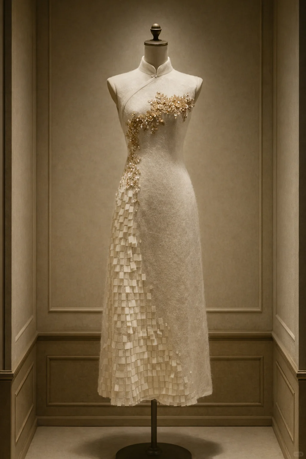 ✨Girlhomeshops-Ivory Sleeveless Qipao with Gradient Gold Beaded Sequins gh10522