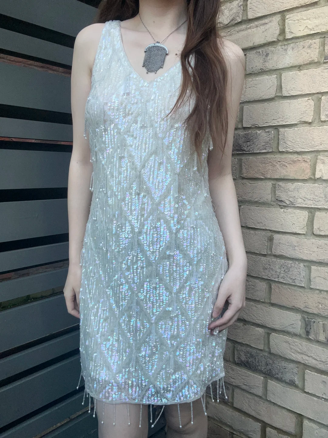Off White Sexy Vintage Luxury Sleeveless Sequin Fitted Waist Prom & Evening Party Dress gh8439