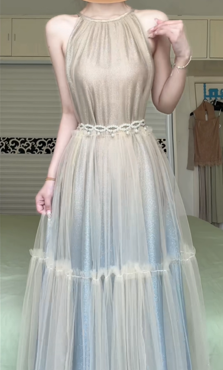Halter Sleeveless Long Prom Gown, Champagne Tulle Formal Dress With Pearl Waistband Light Blue Glitter Lining for Party Banquet gh8952
