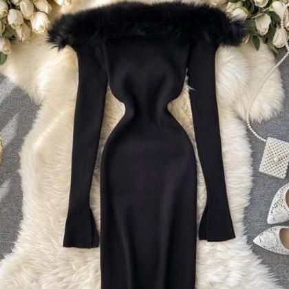 Robe tricotée sexy à épaules dénudées et col en fourrure, nouvelle mode automne et hiver, noire/blanche/grise, slim, hanche, 11281
