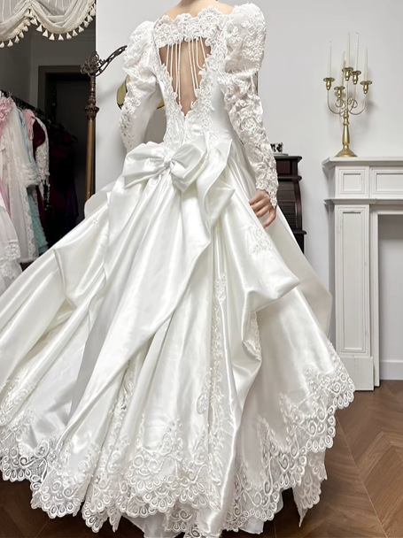 Ivory Vintage Lace Satin Wedding Dress, Off‑Shoulder Puff Long Sleeve Bridal Gown gh8742