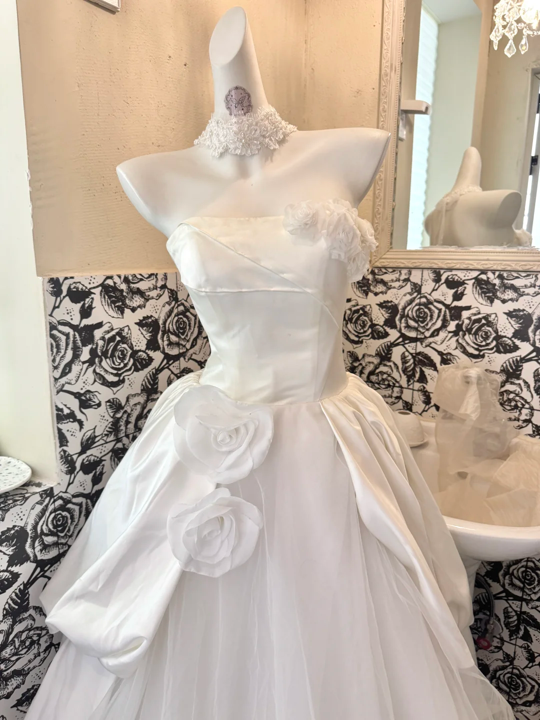 White Satin Strapless Waist-Cinched Voluminous Skirt Long Elegant Romantic Dress, Wedding Gown gh7779