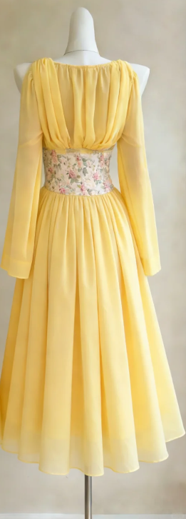 Deep V Neck Yellow Chiffon Formal Gown Long Sleeve Floral Print A-Line Midi Homecoming Dress gh9479
