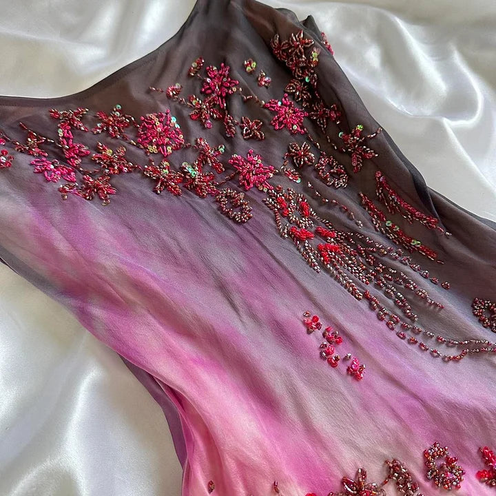 Rosa Farbverlauf Wunderschönes leichtes exquisites Perlen Spaghettiträger langes Chiffon Ballkleid Abendkleid Partykleid gh3339