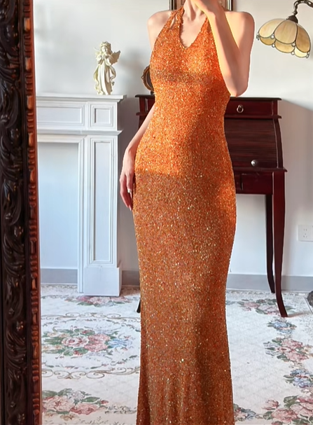 Caramel‑Orange‑Sparkly‑Vintage Halter‑V‑Neck All‑Over‑Hand‑Beaded‑Sequin Bodycon Floor‑Length Column‑Mermaid Evening Prom Gown gh8816