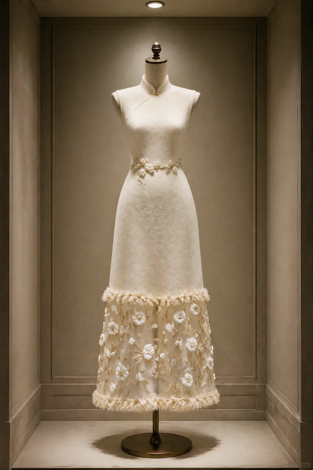 ✨Girlhomeshops-Cream White Fringe Trim Floral Embroidery Cheongsam Qipao gh10449