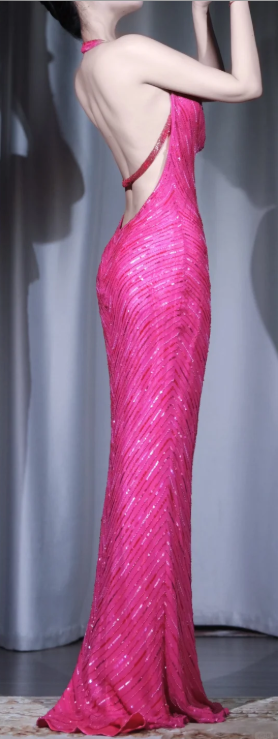 ✨Girlhomeshops-Halter Fuchsia Sequin Mermaid Long Backless Evening Dress gh10004