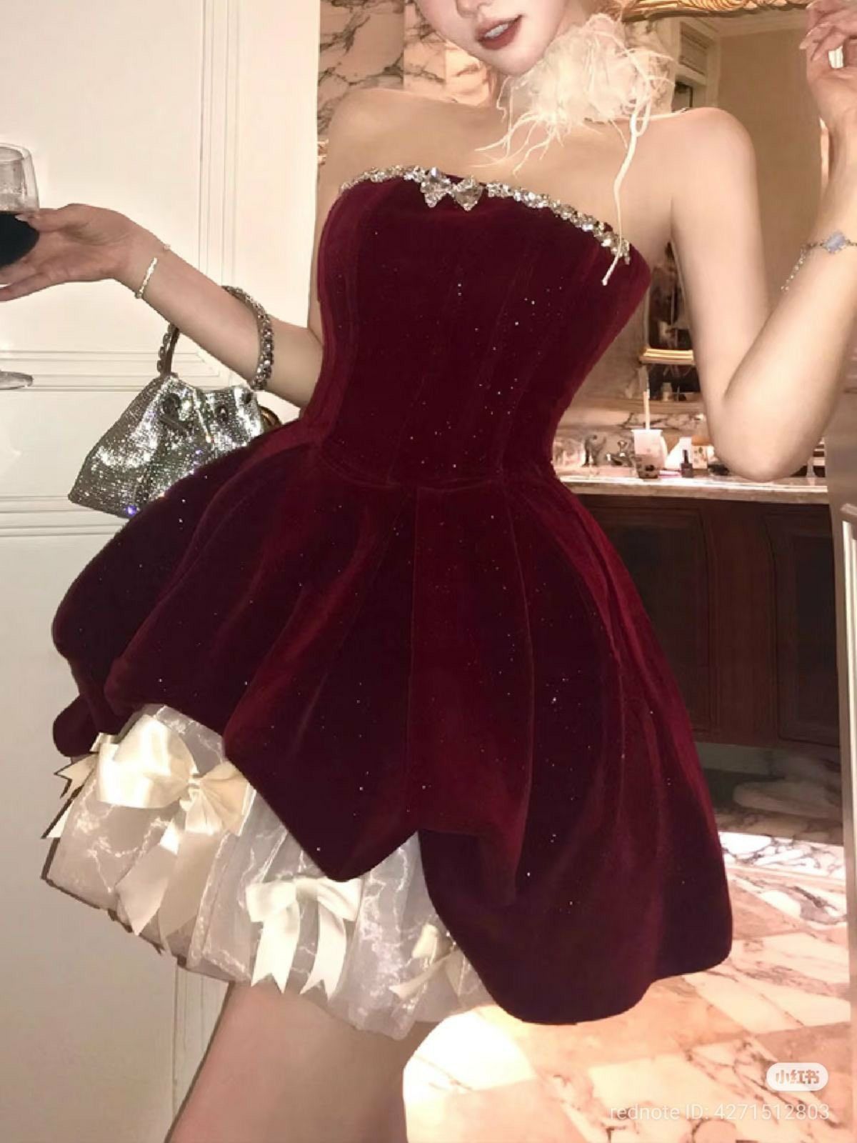 ✨Girlhomeshops🔥 Remise : 5 % de réduction sur les commandes de plus de 100 $ - Robe de soirée courte en velours rouge rétro mignonne et douce gh4977