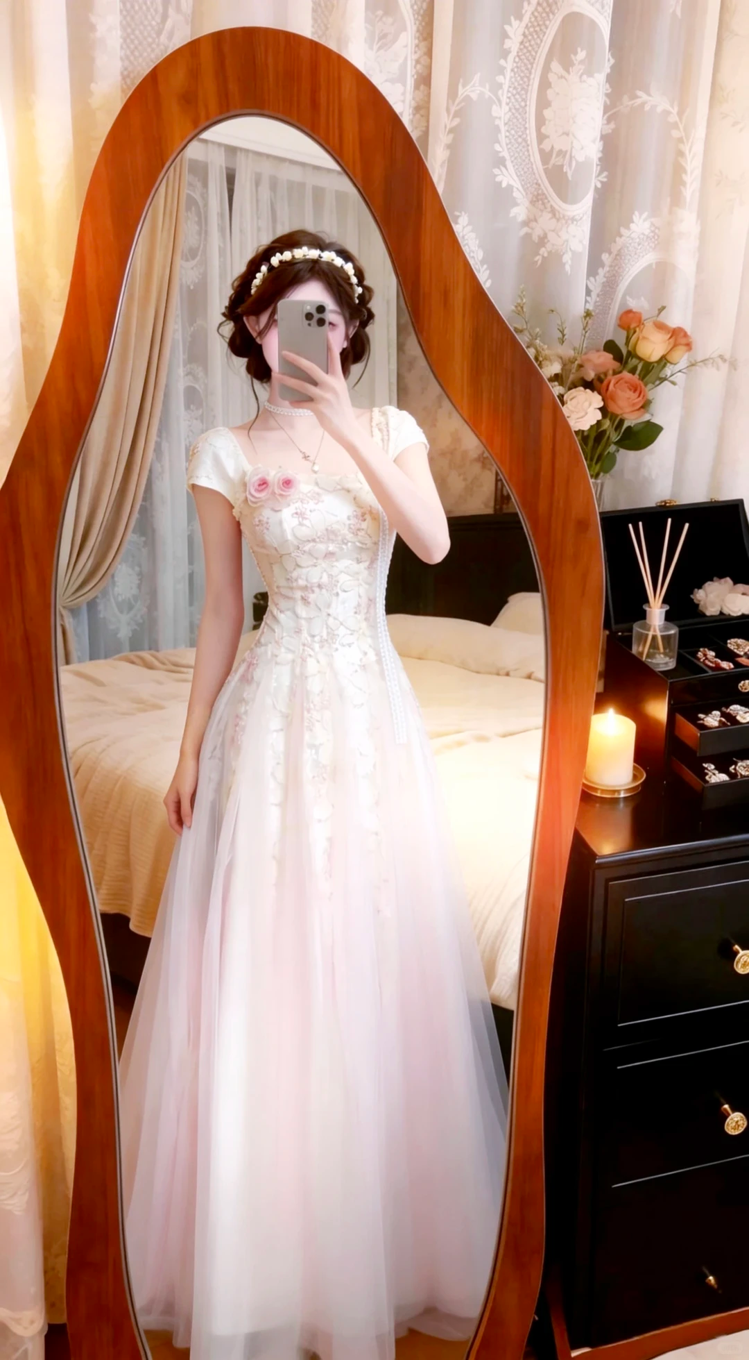 White‑Pink Square Neck Short Sleeve Wedding Gown, 3D Floral Lace Embroidery Ombre Tulle A‑Line Long Prom Dress gh9132