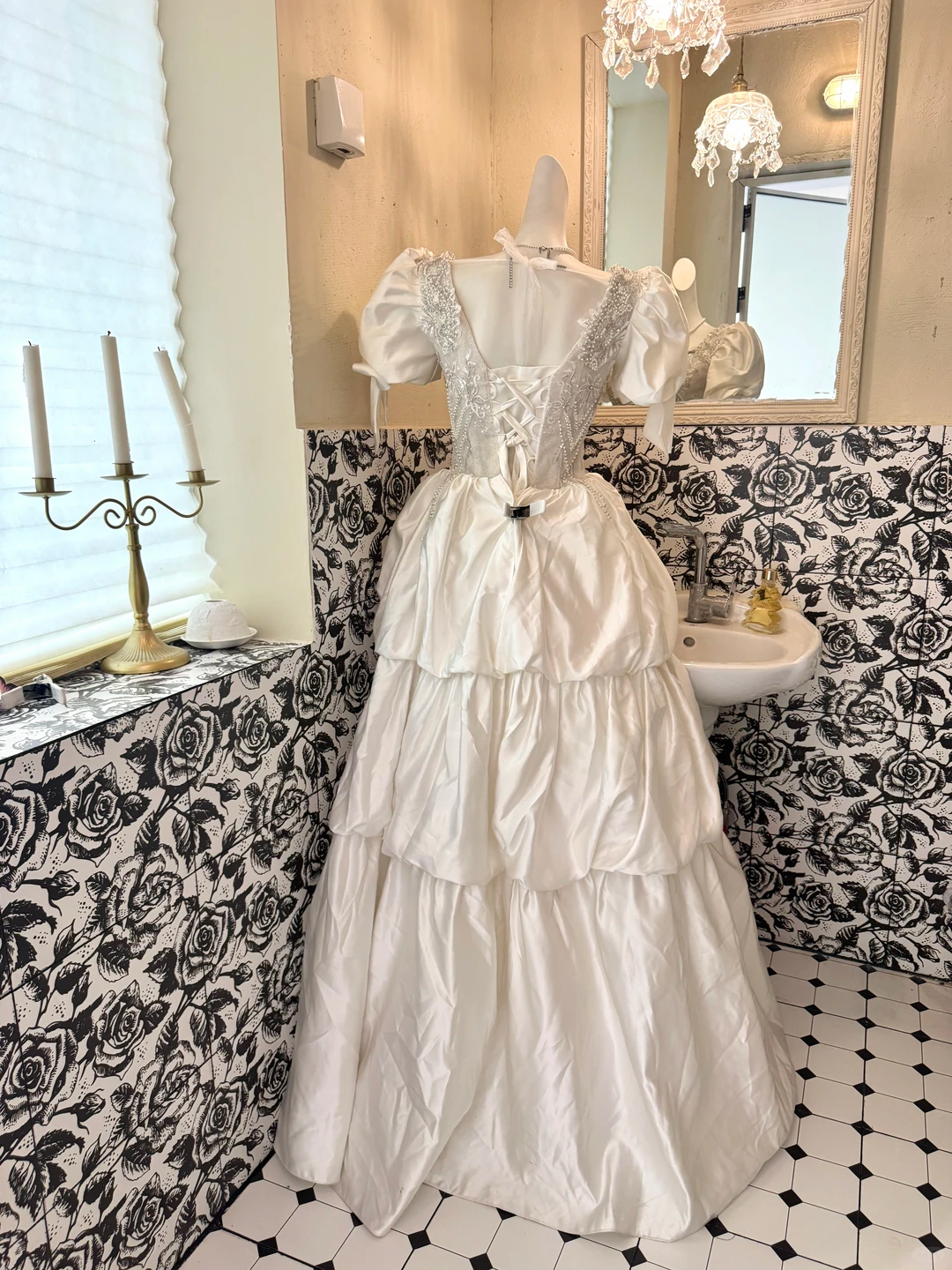 White Puff Sleeve Waist-Cinched Fitted Vintage Elegant Long Romantic Dress, Wedding Gown gh7493