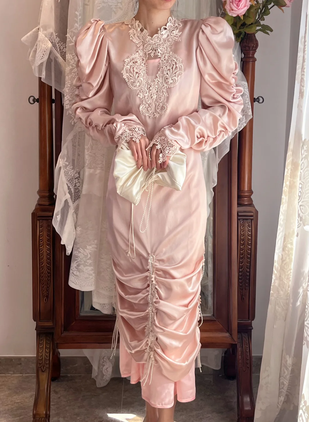 Light Pink Vintage Satin Midi Gown, Puff Long Sleeve Formal Dress gh9300