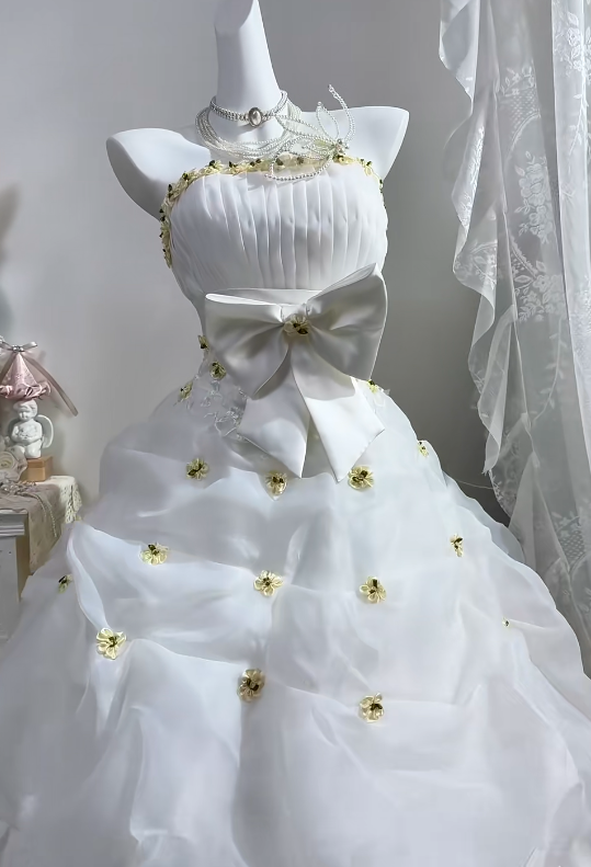 White Halter Long Wedding Dress, Ruched Bodice With Gold Floral Beads, Big Bow Tiered Organza Cake Skirt Bridal Ball Gown gh9269