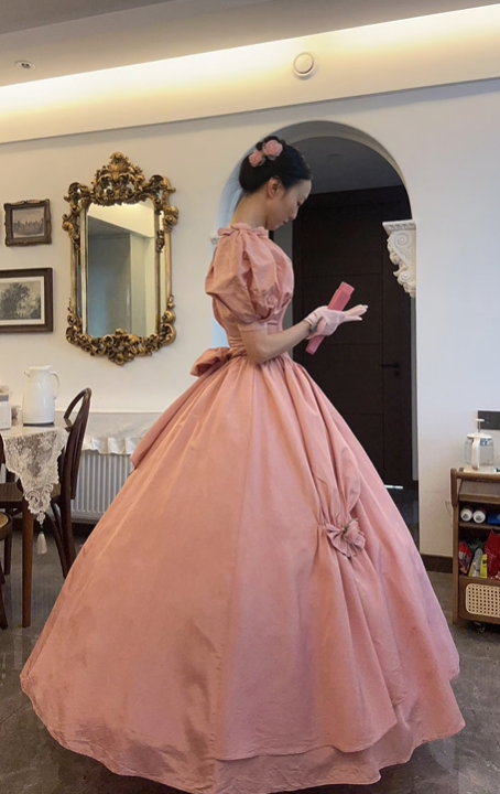 Vintage Pink Puff Sleeve Fitted Waist Princess Flared Skirt Prom & Evening Party Dress gh8498