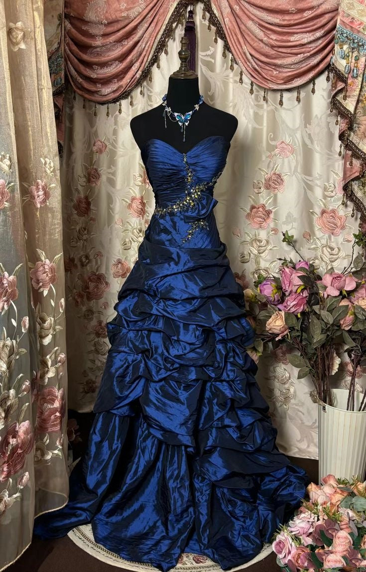 Robe de soirée longue plissée élégante à strass vintage bleu gh3057