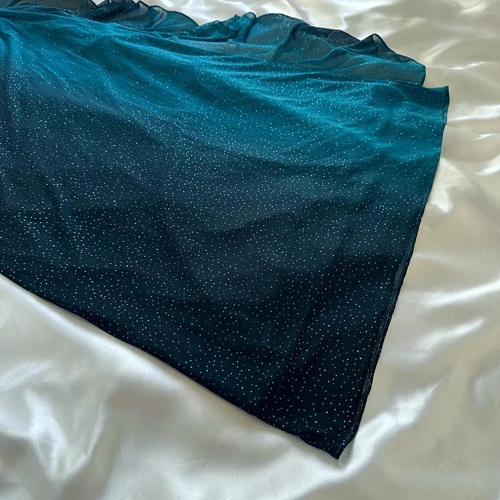 Teal Fashion Glänzendes, Farbverlauf-Trägerkleid, lang, elegant, Chiffon, Rüschen, formelles Ballkleid, Abendkleid, Partykleid gh3505