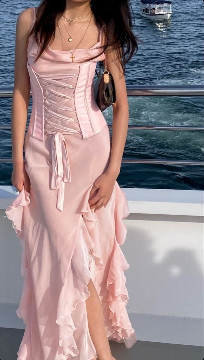 Pink Elegant Romantic Fashion Elegant Spaghetti Strap Long Chiffon Ruffle Ball Dress Evening Dress Party Dress Prom Dressgh3735