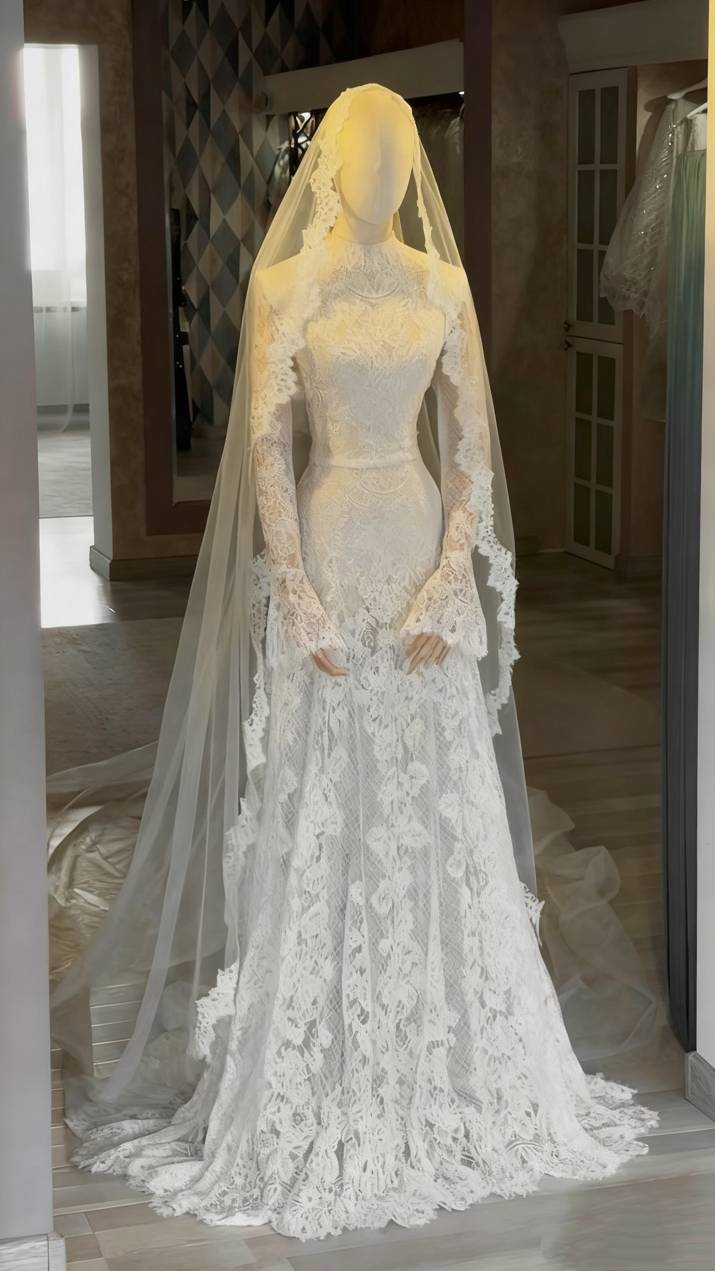 Retro Elegant Style High-Neck Long-Sleeve Wedding Gown | White Lace Mermaid Train Maxi Dress for Wedding Bridal Luxury Dinner High-End Social Event gh6430