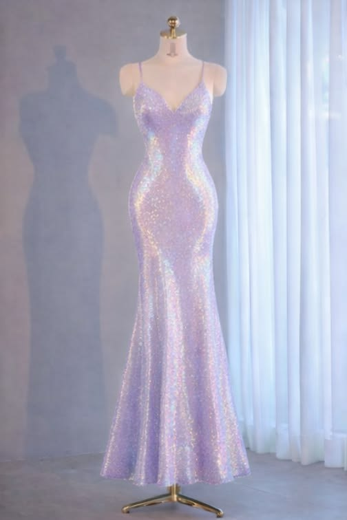 Sequined Spaghetti Straps Waist-Cinched Bodycon Sexy Mermaid Hem Evening Dress, Fairy Gown, Romantic Gown gh7455