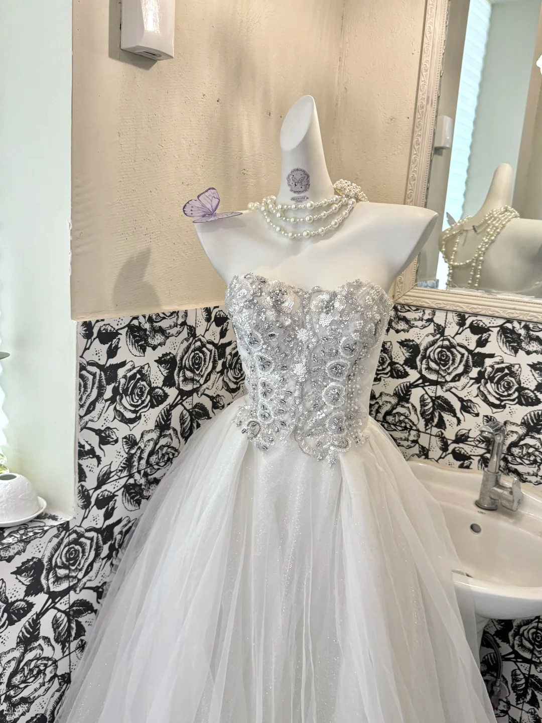 Ivory Gown with Rhinestones, Waist-Cinched Full Flared Long Romantic Dress, Wedding Gown gh7711