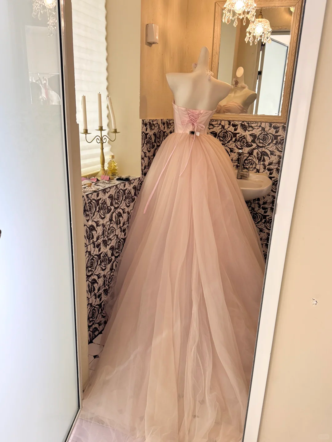 Light Pink Strapless Waist-Cinched Voluminous Skirt Princess Elegant Romantic Dress, Wedding Gown gh7653