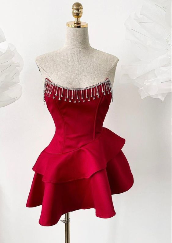 ✨Girlhomeshops🔥Robe de soirée courte en satin à volants et perles rouge/noir gh4983