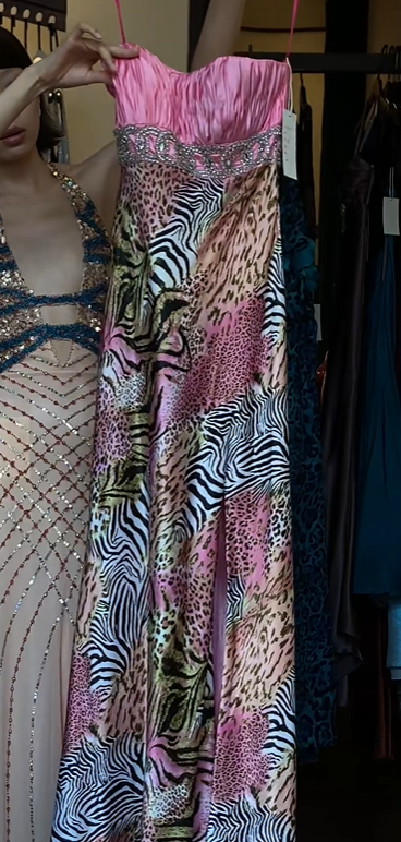 Pink Spaghetti Straps Evening Gown Ruched Satin Rhinestone Waist Leopard Zebra Print Long Formal Prom Dress gh9748