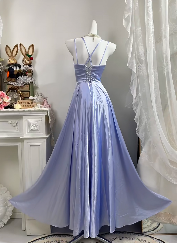 Women Vintage Lavender Satin Prom Dress, V-Neck With Double Spaghetti Straps, Cross Ruched Bodice, High Waist, Flowy Full A-Line Skirt, Elegant Floor Length Evening Gown For Photoshoot gh9274