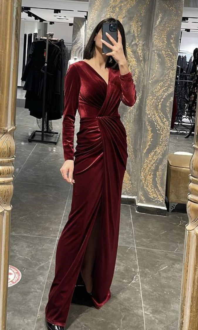 girlhomeshops-Burgunderrotes, langärmeliges Samtkleid gh6254