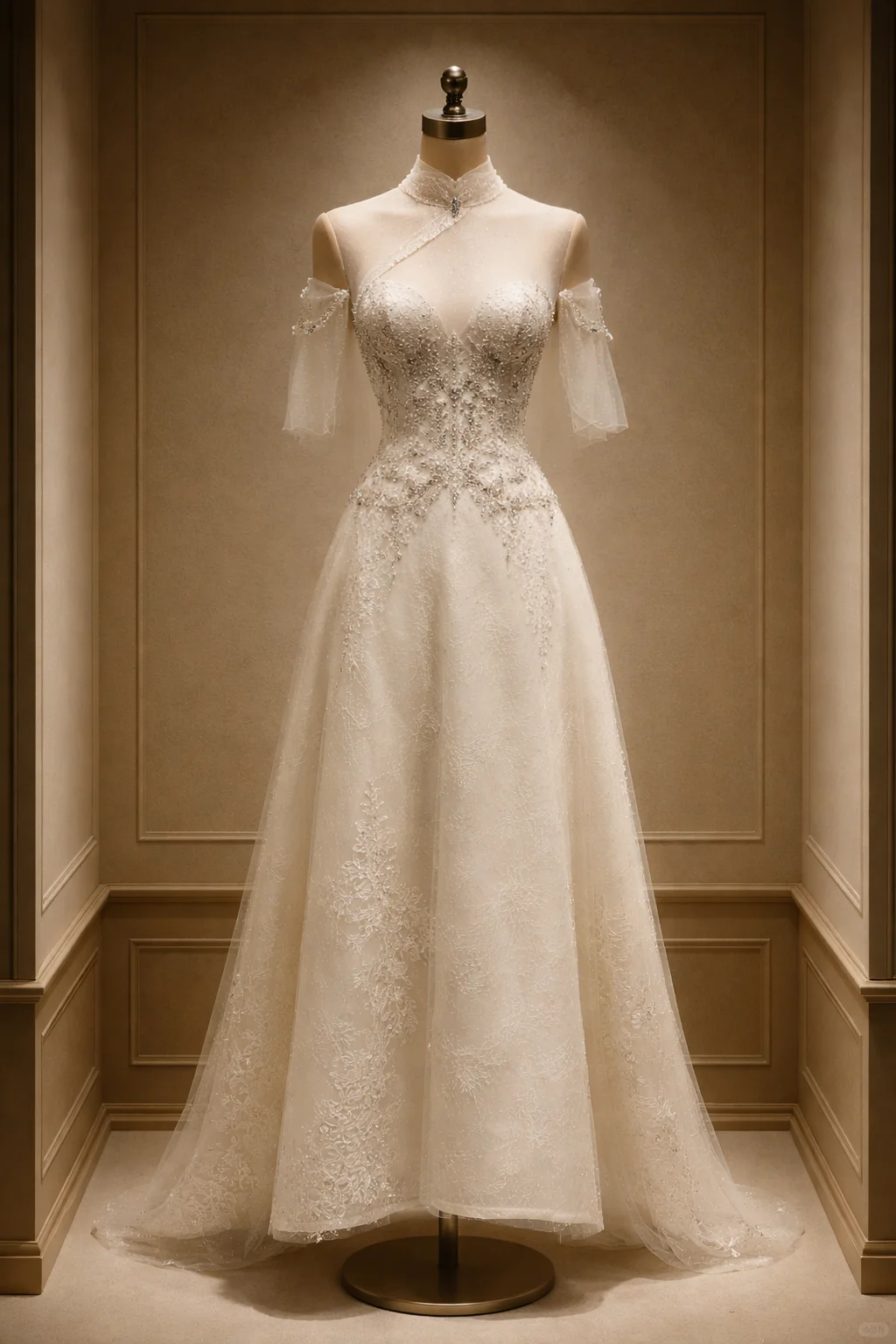 ✨Girlhomeshops-Champagne Qipao Collar Beaded A-Line Wedding Dress with Detachable Tulle Sleeves gh10520