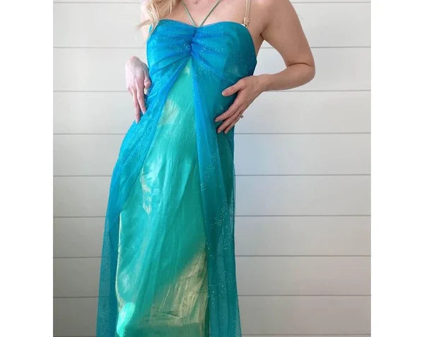 Robe de soirée longue en tulle bleu brillant, dégradé doré, style rétro, élégante, fronde, robe de bal, gh3458
