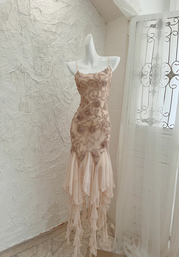 Light Pink Floral Ruffle Long Chiffon Ball Gown Evening Dress Birthday Party Dress gh4587