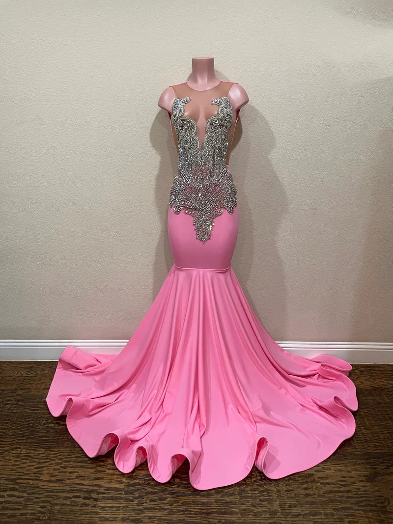 Rosa wunderschöne exquisite Perlen elegante atemberaubende Meerjungfrau lange Satin bodenlange Schleppe Ballkleid Abendkleid Partykleid gh2427