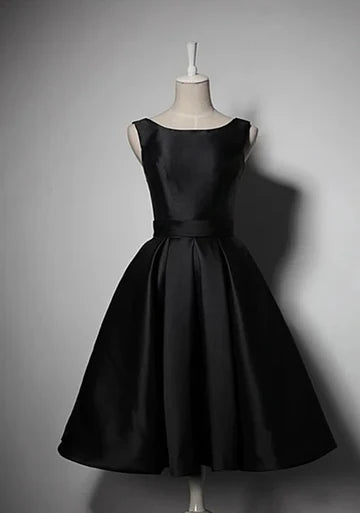Schwarzes elegantes süßes einfaches knielanges mittellanges Satin-Heimkehrkleid, Ballkleid, Abendkleid, Partykleid gh188