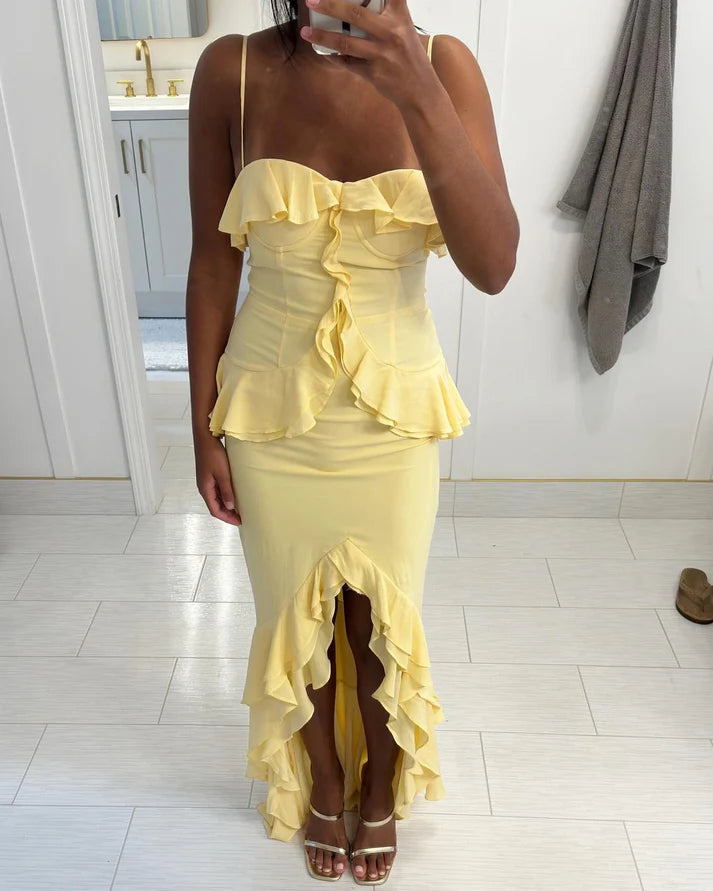 Robe de bal longue moulante à volants en mousseline de soie à bretelles spaghetti vintage jaune gh3033