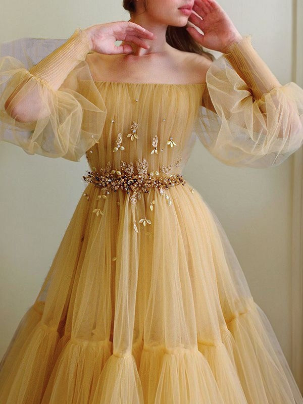 Robe de soirée élégante et exquise en tulle, coupe trapèze, manches longues, robe de bal, jaune, gh2234