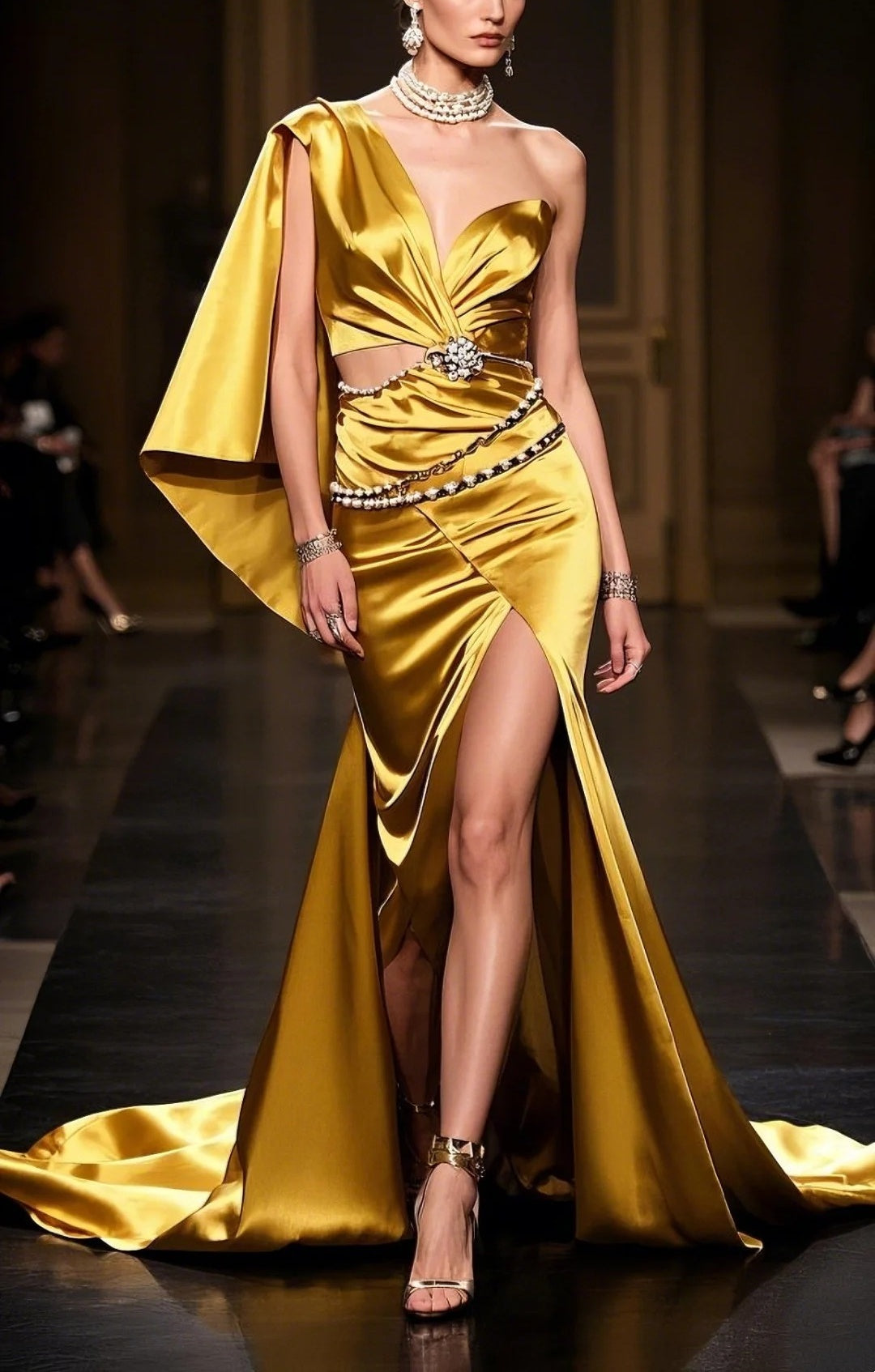 Robe de soirée longue en satin jaune élégante et tendance gh4789