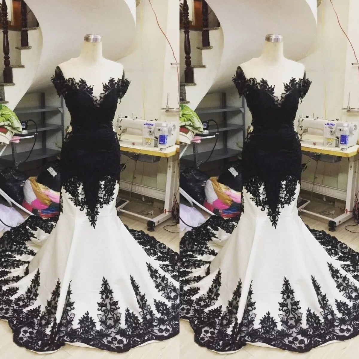 Wunderschönes schwarzes, exquisites Spitzenkleid mit V-Ausschnitt, rückenfrei, lang, bodenlang, Satin, sexy, elegantes Ballkleid, Abendkleid, Hochzeitskleid gh3456