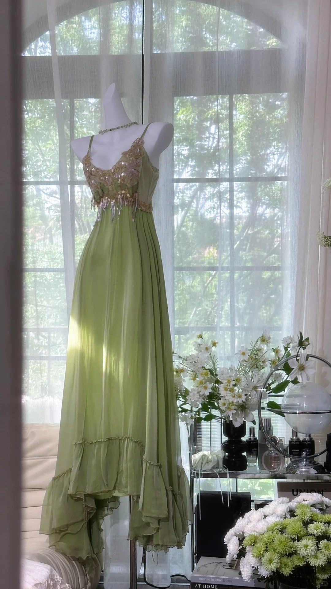 Grüne glänzende Pailletten romantische elegante lange Chiffon Ballkleid Abendkleid Partykleid Datum Kleid gh4614